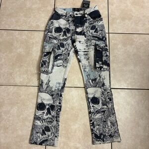 Rebel Vengeance‎ Skull Rose Cargo Pants Mens 28 Multi-color Punk Goth Streetwear
